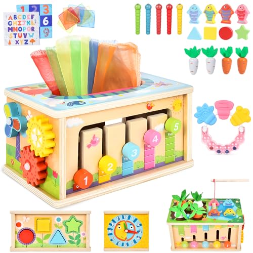 Joellfuner 8 in 1Motorikwürfel Baby Spielzeug, Holzspielzeug Baby Tücherbox mit Handrassel für Kinder, Montessori Spielzeug 0-4 Jahr, Sensorik Spielzeug Geschenk Junge Mädchen von Joellfuner