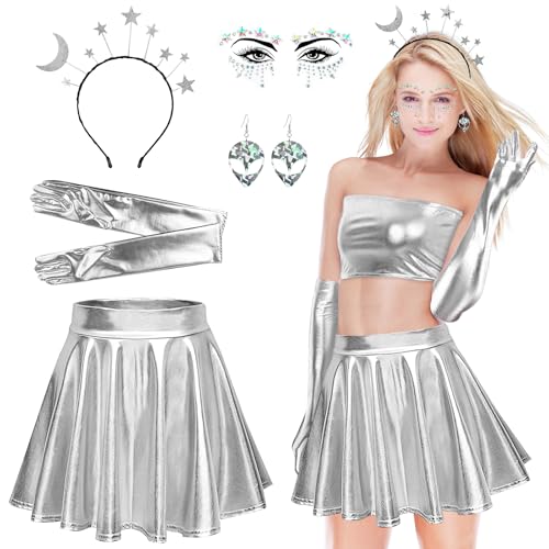Joellfuner Alien Kostüm Set für Damen, 5 Stück Cosplay Metallic Glitzer Outfits, Metallischer Faltenrock, Handschuhe, Ohrringe, Sterne Mond Haarreif, Diamant-Aufkleber, für Karneval Mottoparty (L) Joellfuner Alien Kostüm Set für Damen, 5 Stück Cosplay Metallic Glitzer Outfits, Metallischer Faltenrock, Handschuhe, Ohrringe, Sterne Mond Haarreif, Diamant-Aufkleber, für Karneval Mottoparty (L) von Joellfuner