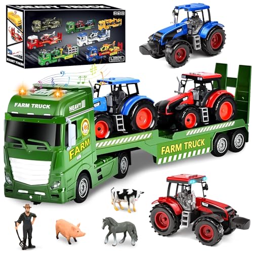 Joellfuner Anhänger Spielzeug mit Traktor, Abschleppwagen Spielzeug, Großer Bauernhof Traktor mit Licht und Sound, Transporter LKW, Trecker Fahrzeuge Spielzeug Geschenk für Kinder ab 3 Jahren von Joellfuner