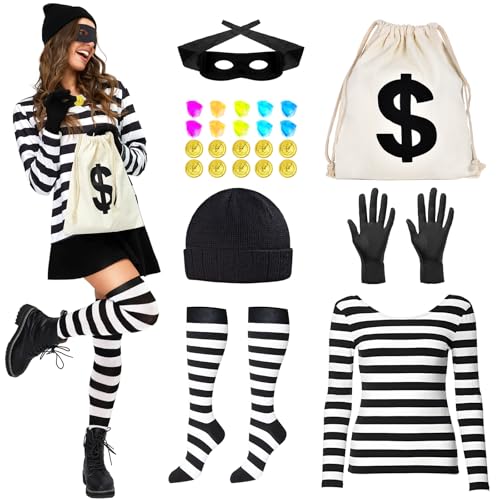 Joellfuner Bankräuber Kostüm Damen, Frauen Räuber Kostüm, Räuber Kostüm Damen Set mit Strickmütze,Maske,Handschuhe,Geldbeutel,Kniestrümpfe,T-Shirt, Einbrecher Kostüm für Karneval (monochrom-L) Joellfuner Bankräuber Kostüm Damen, Frauen Räuber Kostüm, Räuber Kostüm Damen Set mit Strickmütze,Maske,Handschuhe,Geldbeutel,Kniestrümpfe,T-Shirt, Einbrecher Kostüm für Karneval (monochrom-L) von Joellfuner