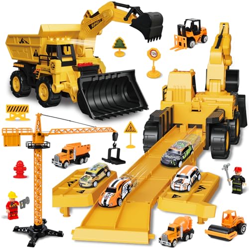 Joellfuner Baufahrzeug LKW Spielzeug Set, Transformierbarer Bagger Spielzeug mit Kran, Mini-BAU-LKW, Baustellenfahrzeuge Kinder Set mit Geräuschen für 3 4 5 6 7 8 9-jährige Jungen von Joellfuner