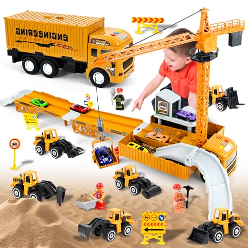 Joellfuner Baufahrzeuge Kinder, Baustellenfahrzeuge Spielzeug Geschenke für 3-8 Jahre Jungen, Kran LKW Spielzeug mit Doppelter Auswurfschiene, Kran Bagger Bulldozer Dampfwalze, Expandable Trailer von Joellfuner