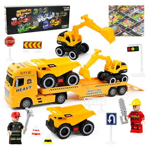 Joellfuner Baufahrzeuge Kinder, LKW Spielzeug Set mit Bagger und Dumper, Transporter Spielzeug Musik Lichter mit Karte Ingenieur, Baustellenfahrzeuge Abnehmbar Anhänger, für Kinder ab 3 Jahren (Gelb) Joellfuner Baufahrzeuge Kinder, LKW Spielzeug Set mit Bagger und Dumper, Transporter Spielzeug Musik Lichter mit Karte Ingenieur, Baustellenfahrzeuge Abnehmbar Anhänger, für Kinder ab 3 Jahren (Gelb) von Joellfuner