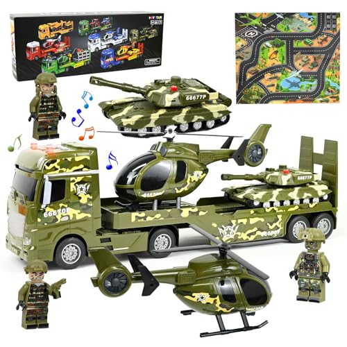Joellfuner Baufahrzeuge Kinder, LKW Spielzeug Set mit Bagger und Dumper, Transporter Spielzeug Musik Lichter mit Karte Ingenieur, Baustellenfahrzeuge Abnehmbar Anhänger, für Kinder ab 3 Jahren (Grün) von Joellfuner