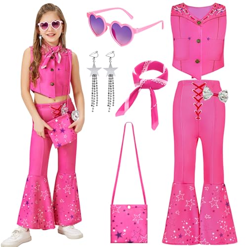 Joellfuner Cowgirl Kostüm Mädchen, Cowgirl Outfit Mädchen,cowgirl kostüm Rosa Hippie Kostüm, Cowboy Kostüm Kinder Cosplay Disco Kostüm, Karneval Verkleidung Partykleid Rosa Für Mädchen (120) von Joellfuner