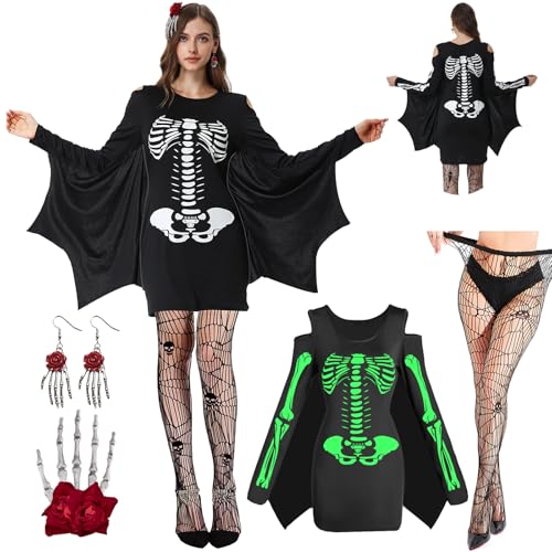 Joellfuner Fledermaus Kostüm Damen, Halloween Outfit Erwachsene, Glow Skelettkleid Mit Strümpfe, Haarspangen, Ohrringe - Schwarzes Skelett Kostüm für Erwachsene von Joellfuner