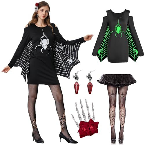 Joellfuner Fledermaus Kostüm Damen, Halloween Outfit Erwachsene, Glow Kleid Spinne, Schwarze Spinne Kleid Mit Strümpfe, Haarspangen, Ohrringe von Joellfuner