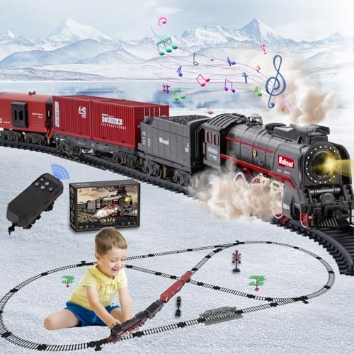 Joellfuner Elektrische Zug Spielzeug, Eisenbahn Kinder Elektrisch, Dampfzug Spielzeug mit Schienen, Dampf, Licht & Geräuschen, Weihnachtszug um den Baum Geschenk für Kinder (Mit Fernbedienung) von Joellfuner