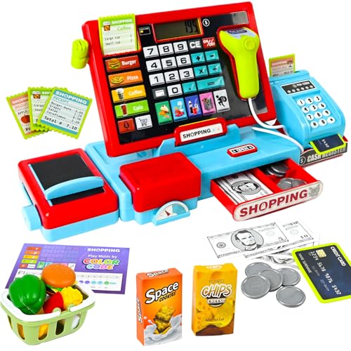 Joellfuner Elektronische Spielzeug Kasse mit Rechnerfunktion, Registrierkasse Supermarktkasse Spielzeug mit Inkl Scanner/Kreditkarte/Spielgeld/Förderer/POS-Terminal, Geschenk für Kinder ab 3 Jahre von Joellfuner