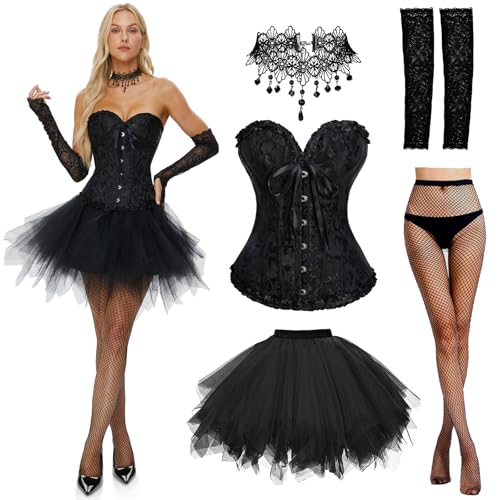 Joellfuner Korsett Damen Set, Corsage Schwarz mit Tüll Rock 45cm, Gothic Vintage Corset Top Kostüm und Tütü Rock, Black Swan Kleidung Accessoires für Damen Karneval Cosplay (Ärmellos, S) von Joellfuner