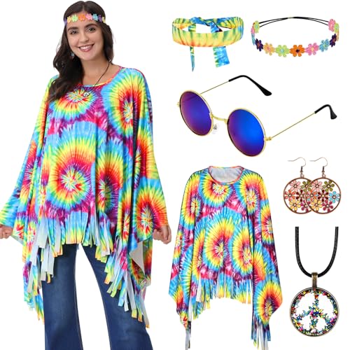 Joellfuner Hippie Kostüm Damen, 6 Stück 60er 70er Hippie Kostüm Set,Kostüm Hippie Frau,Tie Dye Hippie Kostüm Poncho Set, 60 70Jahre Mode Disco Outfit Damen für Karneval Fasching (Regenbogenfarben) Joellfuner Hippie Kostüm Damen, 6 Stück 60er 70er Hippie Kostüm Set,Kostüm Hippie Frau,Tie Dye Hippie Kostüm Poncho Set, 60 70Jahre Mode Disco Outfit Damen für Karneval Fasching (Regenbogenfarben) von Joellfuner