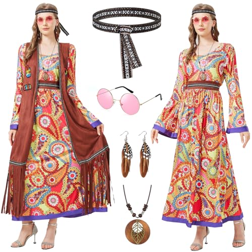 Joellfuner 60er 70er Jahre Hippie Kleid Damen, Hippie Kleidung Damen Set, 70er Jahre Bekleidung Damen Disco Outfit mit Fransenweste, Hippie Kostüm Damen Faschingskostüm Party Joellfuner 60er 70er Jahre Hippie Kleid Damen, Hippie Kleidung Damen Set, 70er Jahre Bekleidung Damen Disco Outfit mit Fransenweste, Hippie Kostüm Damen Faschingskostüm Party von Joellfuner