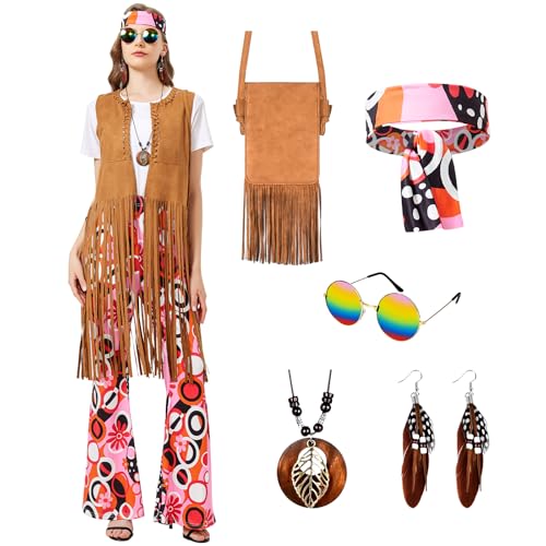 Joellfuner Hippie Kostüm Damen Set, 60er 70er Kostüm Damen Hippie, Hippie Kleidung Damen mit Zubehör, Faschingskostüm Hippie Mottoparty Disco Outfit für Karneval Cosplay Party Dress Up Joellfuner Hippie Kostüm Damen Set, 60er 70er Kostüm Damen Hippie, Hippie Kleidung Damen mit Zubehör, Faschingskostüm Hippie Mottoparty Disco Outfit für Karneval Cosplay Party Dress Up von Joellfuner