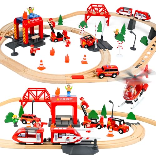 Joellfuner Holzeisenbahn Set Kinder, 69 Stück Holzeisenbahn Schienen und Zugspielzeug, Holzzug Spielzeug mit Elektrische Lok, Rettungsflugzeuge und Feuerwehr, Spielzeugeisenbahn Set für Kinder ab 3 Joellfuner Holzeisenbahn Set Kinder, 69 Stück Holzeisenbahn Schienen und Zugspielzeug, Holzzug Spielzeug mit Elektrische Lok, Rettungsflugzeuge und Feuerwehr, Spielzeugeisenbahn Set für Kinder ab 3 von Joellfuner