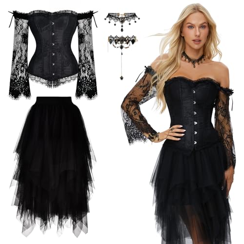 Joellfuner Korsett Damen Set, Corsage Schwarz mit Tüll Rock 76cm, Gothic Vintage Corset Top Pirat Kostüm mit Schulter Ärmel, Kleidung Accessoires für Damen Karneval Cosplay (1, S) von Joellfuner