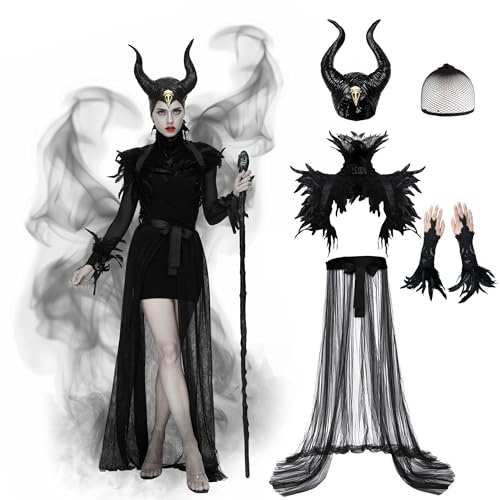 Joellfuner Maleficent Kostüm Damen, Victorian Gothic Teufel Flügel Kostüm, Königin Hörner Federumhang und Tüllrock Langer, Teufelshörner Kostüm für Damen Karneval Cosplay Party (1) von Joellfuner