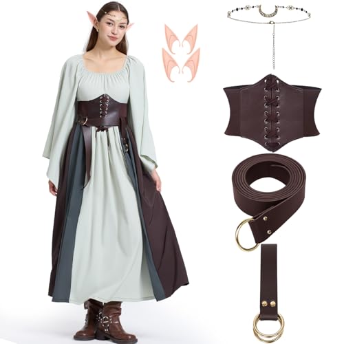 Joellfuner Mittelalter Kleid Damen, Renaissance Kleid Damen, Viktorianisches Kostüm Damen, Mittelalter Kostüme Damen mit Hüftgürtel, Elfenohr, Kopfschmuck für Karneval Party (Grau grün, L) von Joellfuner