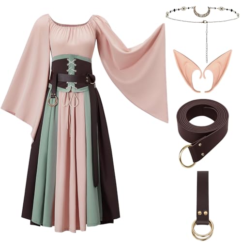 Joellfuner Mittelalter Kleid Damen, Renaissance Kleid Damen, Viktorianisches Kostüm Damen, Mittelalter Kostüme Damen mit Hüftgürtel, Elfenohr, Kopfschmuck für Karneval Party von Joellfuner