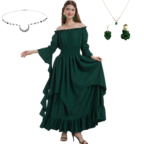 Joellfuner Mittelalter Kleidung Damen, Viktorianisches Kleid Renaissance Kostüm, Damen Mittelalterliche Kleid Grün mit Halsketten, Ohrringe, Kopfbedeckungen, Frauen Cosplay Kleid für Karneval Joellfuner Mittelalter Kleidung Damen, Viktorianisches Kleid Renaissance Kostüm, Damen Mittelalterliche Kleid Grün mit Halsketten, Ohrringe, Kopfbedeckungen, Frauen Cosplay Kleid für Karneval von Joellfuner