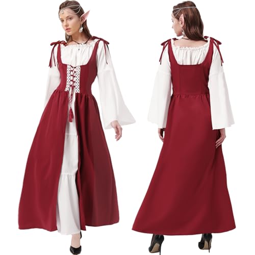 Joellfuner Mittelalter Kostüm Damen: Renaissance Korsett Kleid mit Trompetenärmeln, Elfenohren, Blumenkranz, Kette, Kopfschmuck für Karneval, Historische Veranlassung, Halloween, themenbezogene Party von Joellfuner