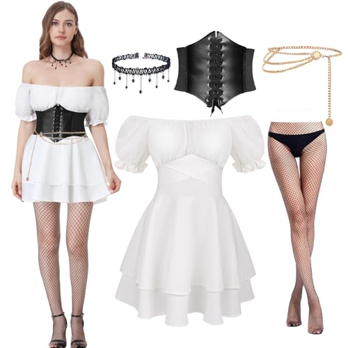Joellfuner Mittelalter Piratenkostüm Damen, Renaissance Kleid Kurz, Off Shoulder Weißes Kleid mit Korsett Gürtel, Strumpf, Taillenkette und Halskette für Karneval Kostüm Cosplay (Kurzärmelig, S) Joellfuner Mittelalter Piratenkostüm Damen, Renaissance Kleid Kurz, Off Shoulder Weißes Kleid mit Korsett Gürtel, Strumpf, Taillenkette und Halskette für Karneval Kostüm Cosplay (Kurzärmelig, S) von Joellfuner