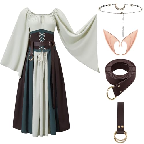 Joellfuner Mittelalterkleid Damen: Renaissance & Viktorianisches Kostm mit Hftgrtel, Elfenohren, Mondkopfbedeckung fr Faschingskostme, Karneval, Party von Joellfuner