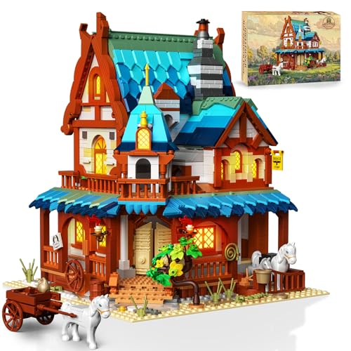 Joellfuner Mittelalterliche Bauklötze Set, Architektur Kit Mit LED, Küche, Klemmbausteine Modell für Jungen Mädchen Jugendliche und Erwachsene (Mittelalterliche Post) von Joellfuner