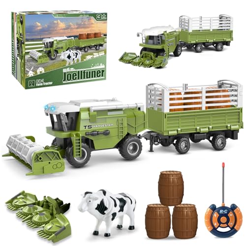 Joellfuner RC Mähdrescher Spielzeug, Ferngesteuert Mähdrescher für Kinder, Mähdrescher Spielzeug Ferngesteuert mit Anhänger, Licht, Kuh, RC Traktor Spielzeugs, Weihnachten Geschenk für Kinder ab 3+ von Joellfuner