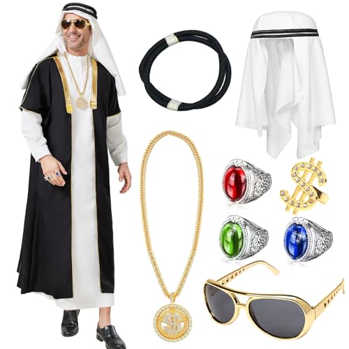 Joellfuner Scheich Kostüm Herren, Araber Kostüm, Aarabische Kleidung Herren, Kostüm Sultan mit Kopftuch, Gewand, Finger Ring, Halsketten, Sonnenbrillen für Karneval (Häuptling, XL) Joellfuner Scheich Kostüm Herren, Araber Kostüm, Aarabische Kleidung Herren, Kostüm Sultan mit Kopftuch, Gewand, Finger Ring, Halsketten, Sonnenbrillen für Karneval (Häuptling, XL) von Joellfuner