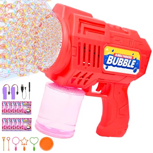 Joellfuner Seifenblasenpistole, 40 Löcher Seifenblasenmaschine, Blasenmaschine LED, mit Seifenblasen Set und 2 Wiederaufladbare Batterien, Blasenspielzeug, für Kinder Erwachsene, Geschenk (Rot) von Joellfuner