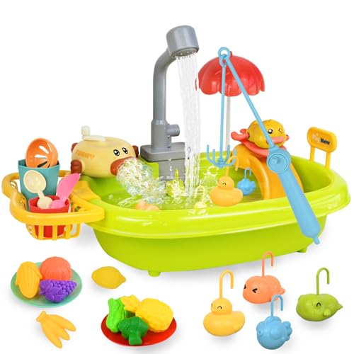 Joellfuner Spielspüle Spielzeug, Küchenspüle Spielzeug Set mit Wasserkreislauf, Seifenblasen Machen, Schwimmendes Angelspielzeug, mit Rutsche, Ente Paddeln, Zubehör Küche Rollenspiel für Kinder 3+ von Joellfuner