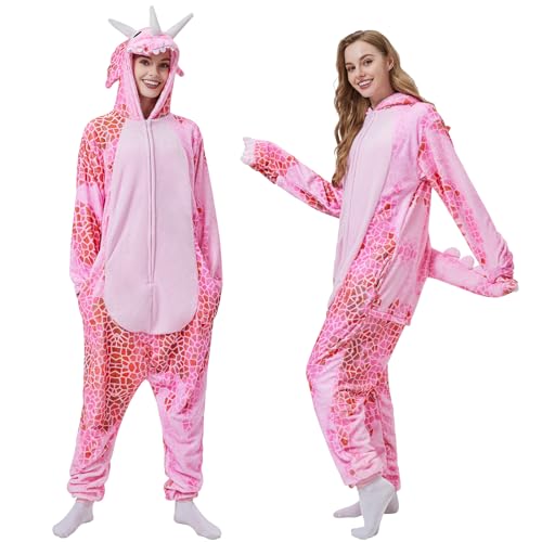 Joellfuner Triceratops Onesie Kostüm, Unisex Erwachsene Pyjama Jumpsuit, Tie-dye Dinosaurier Schlafanzug, Dino Tierkostüme für Erwachsene, Karneval Cosplay Tier Schlafanzug Pyjama (Rosa, M) von Joellfuner