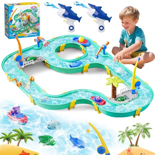 Joellfuner Wasserbahn Kinder Draußen, Wasserbahnset mit 2 Booten, 6 Tierfiguren, 2 Wasserpistolen und Angelfunktion, 2 in 1 Wasserspielzeug Kinder Outdoor, Wassertisch Spielzeug für Kinde ab 3+ von Joellfuner