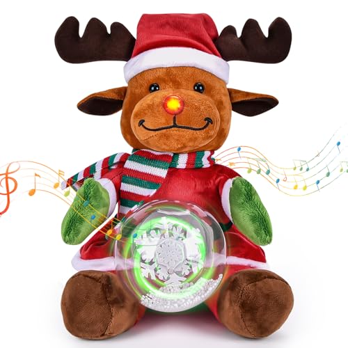 Joellfuner Weihnachtsfigur Elch, Weihnachten Elch Plüsch Kuscheltiere mit Schneekugel Weihnachten Dekoration Musik LED Leuchtender, Geschenk für Kinder Weihnachten Party (Elch - Sitzend) von Joellfuner