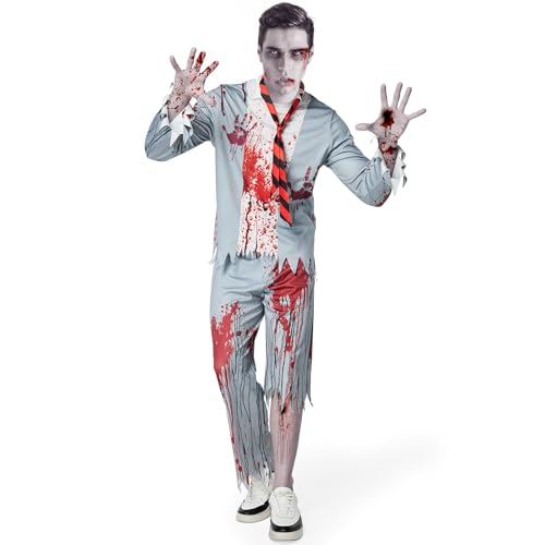 Joellfuner Zombie Schüler Kostüm Herren, Horror Kostümkleid Mit Krawatten, Oberteile, Hosen, Grau Halloween Grusel Thema (S) Joellfuner Zombie Schüler Kostüm Herren, Horror Kostümkleid Mit Krawatten, Oberteile, Hosen, Grau Halloween Grusel Thema (S) von Joellfuner