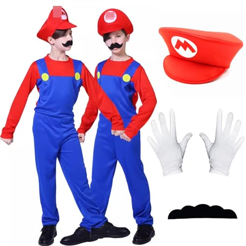 Jofiesu Kostüm für Kinder im Alter von 3–12 Jahren, Kostüm, Spiel-Outfit, Overall, Bodysuit, Cosplay mit Hut, Handschuhen, Schnurrbärten (Rot, 5–6.) von Jofiesu