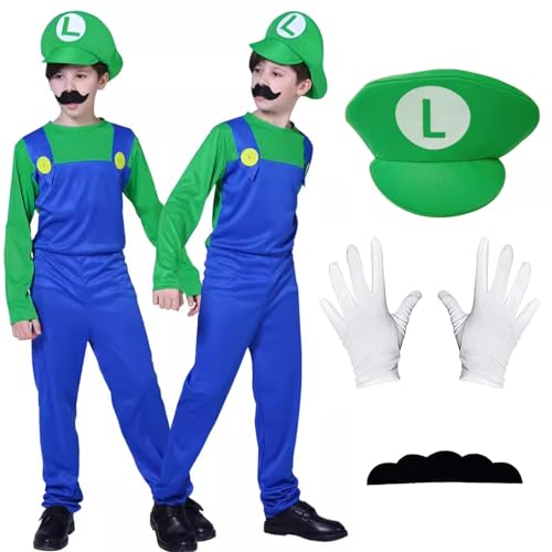 Jofiesu Kostüm für Kinder im Alter von 3–12 Jahren, Kostüm, Spiel-Outfit, Overall, Bodysuit, Cosplay mit Hut, Handschuhen, Schnurrbärten (grün, 3–4) von Jofiesu