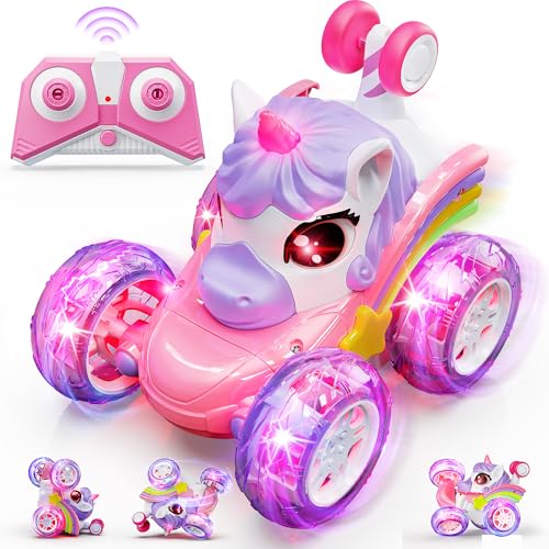 Jofuni Einhorn Ferngesteuertes Auto ab 3 Jahre, Geschenk Mädchen 3 4 5 6 Jahre, 2.4GHz RC Auto, Einhorn Spielzeug, Einhorn Geschenke für Mädchen, 360° Stuntauto mit LED-Lichtern von Jofuni