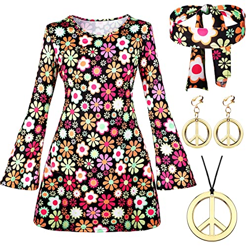 Johiux 4 Stück Hippie Kostüm Damen Set,60 er 70er Jahre Bekleidung Damen,Kostüm Hippie Frau,70er Jahre Kostüm Damen,Hippie Kleid Damen Disco Outfit Faschingskostüm Mädchen für Karneval Party(XL) von Johiux