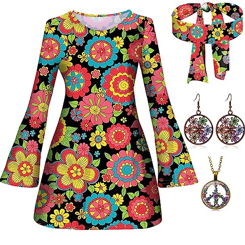 Johiux 4 Stück Hippie Kostüm Damen Set,60 er 70er Jahre Bekleidung Damen,Kostüm Hippie Frau,70er Jahre Kostüm Damen,Hippie Kleid Damen Disco Outfit Faschingskostüm Mädchen für Karneval Party(S) von Johiux