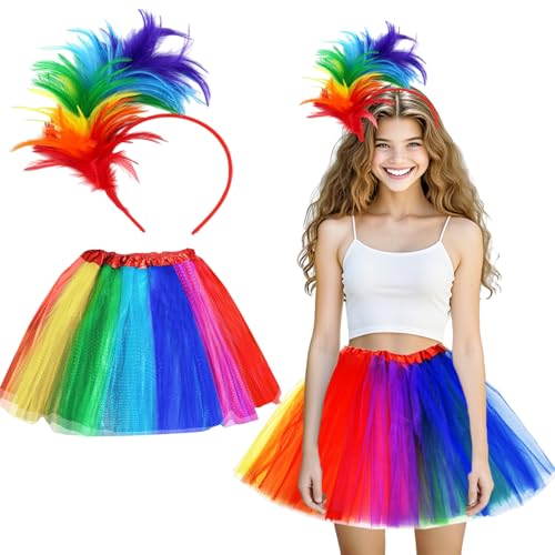 Johiux Regenbogen Kostüm Damen,Faschingskostüme Tüllrock Set,Bunte Feder Papagei Karneval Kostüm Damen,80er Jahre Outfit Karneval Kostüm Damen Set,Outfit Faschingskostüm Damen für Karneval Party von Johiux