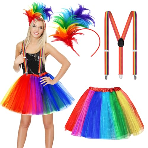 Johiux Regenbogen Kostüm Damen,Faschingskostüme Tüllrock Set,Bunte Feder Papagei Karneval Kostüm Damen,80er Jahre Outfit Karneval Kostüm Damen Set,Outfit Faschingskostüm Damen für Karneval Party von Johiux
