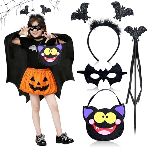 Johiux Halloween Fledermaus Kostüm Kinder Set mit Umhang, Maske &Fledermaus Süßigkeiten Tasche,Zauberstab,Stirnband,Verkleidung für Kinderpartys-Batman Kostüm für Jungen und Mädchen 3-10 Jahre.(M) von Johiux