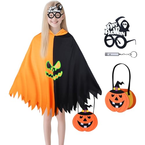 Johiux Halloween Geist Umhang Kostüm Kinder,kürbis kostüm mit Glow in the Dark,Halloweenbrille Kürbistasche Gespenst kinder,Halloween Orange Hexe Gespenst Cosplay Kostüm für Kinder 2-8 Jahre. (L) von Johiux