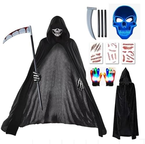 Johiux Halloween Kostüm Herren Leuchtenden Sensenmann Umhang Kostüm mit LED Grusel Maske Glühende Handschuhe und Sense,Gruselige Erwachsene Kostüme für Halloween,Karneval Cosplay. (B) von Johiux