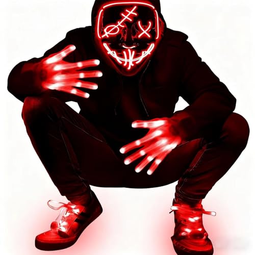 Johiux Horror LED Halloween Maske Totenkopf Handschuhe Kostüm Junge, 3 Stück LED beleuchtete Maske Handschuhe und Schnürsenkel Set，Halloween, Fasching & Karneval Cosplay Horror Kinder Kostüm. von Johiux