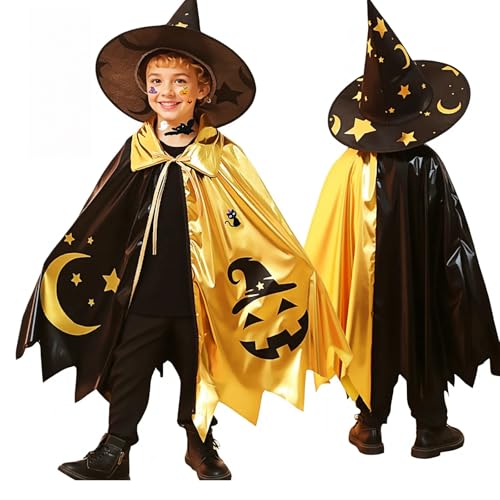 Johiux Zauberer Kostüm Kinder Set mit Gesichtssticker,Halloween Kostüm mit Hut für Hexenparty,Schulveranstaltung und Geisterfest für Halloween-Hexe oder einen Zauberer. (für Kinder 3-10 Jahre) von Johiux