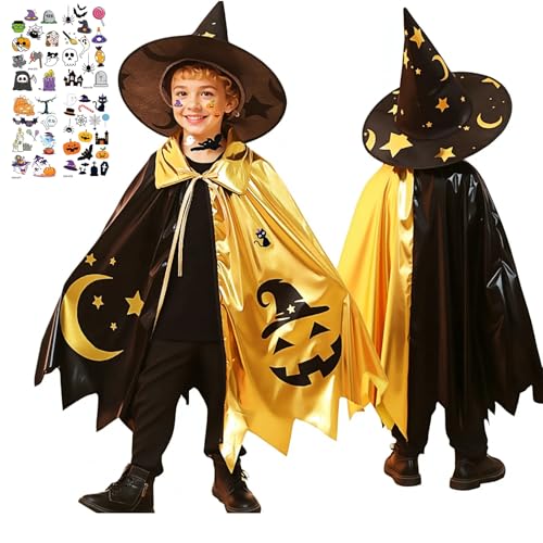 Johiux Zauberer Kostüm Kinder Set mit Gesichtssticker,Halloween Kostüm mit Hut für Hexenparty,Schulveranstaltung und Geisterfest für Halloween-Hexe oder einen Zauberer. (für Kinder 3-10 Jahre) von Johiux