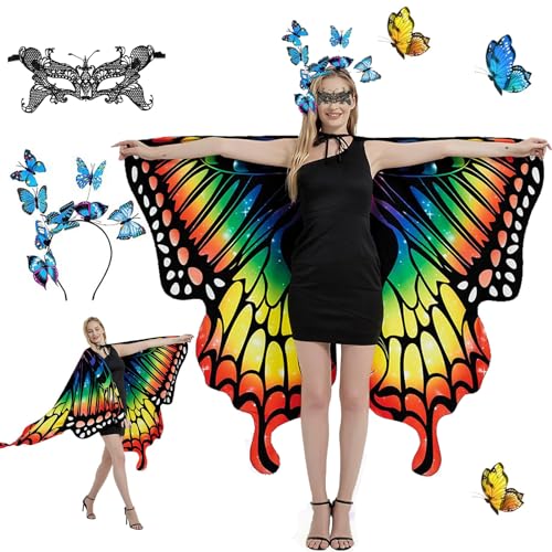 Karneval Kostüm Damen Schmetterling Flügel Damen Beidseitiger Druck,Bunter Schmetterling Umhang Faschingskostüme Maske Schmetterling Haarreif für Karneval Parteien,Cosplay,Karneval Dress up Zubehör. von Johiux