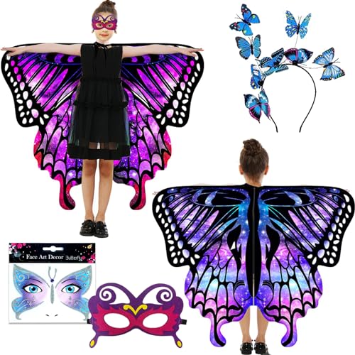 Schmetterling Kostüm für Kinder - Mädchen Cape, Maske, Stirnband - Karneval Party Rollenspiel Dress Up Zubehör (Beidseitiger Druck) von Johiux